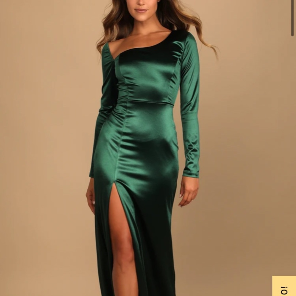 Lulus off to the ball green satin long sleeve maxi dress/gown
